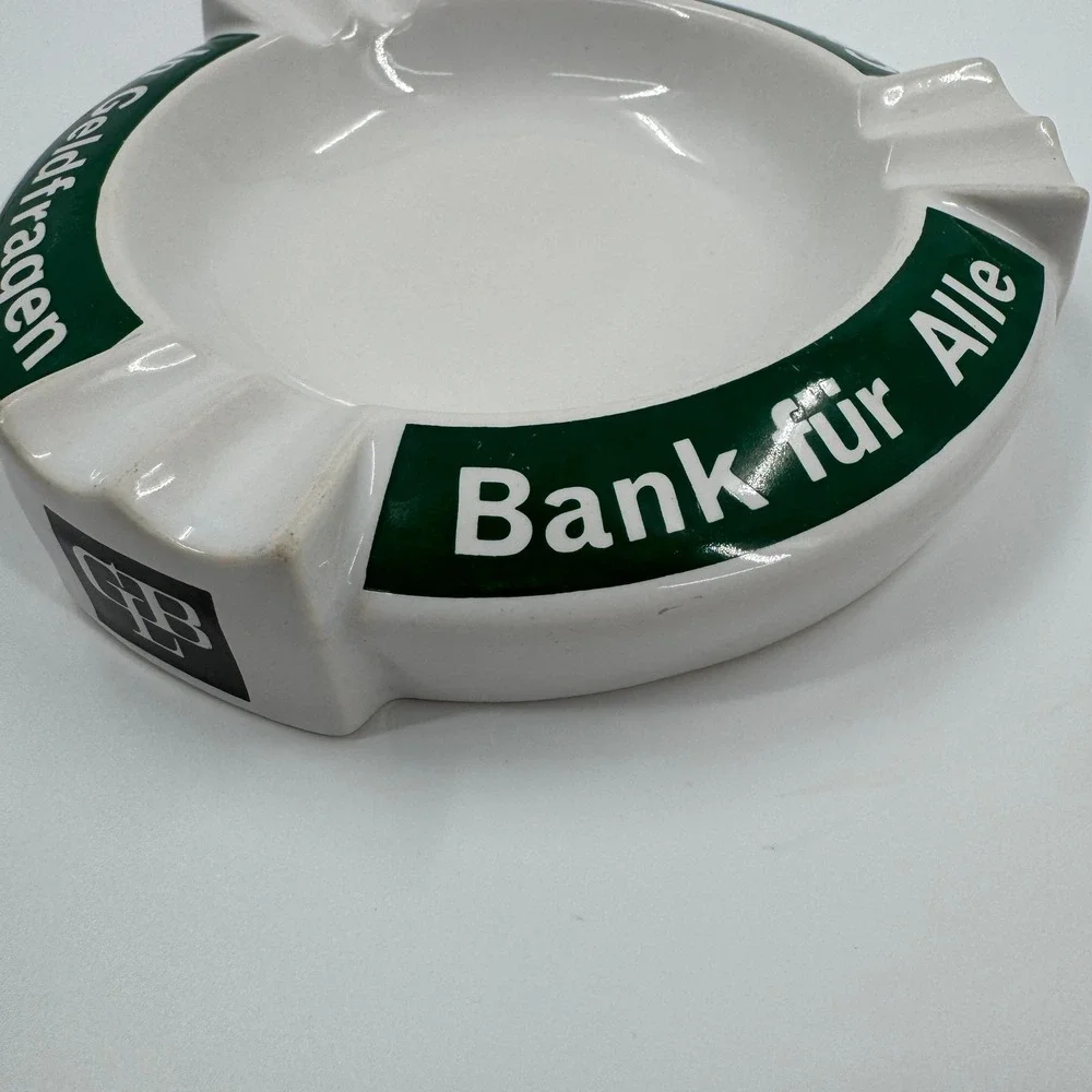 Vintage Gewerbebank Bank Fur Alle Ceramic Ashtray‎ White Green Collectible